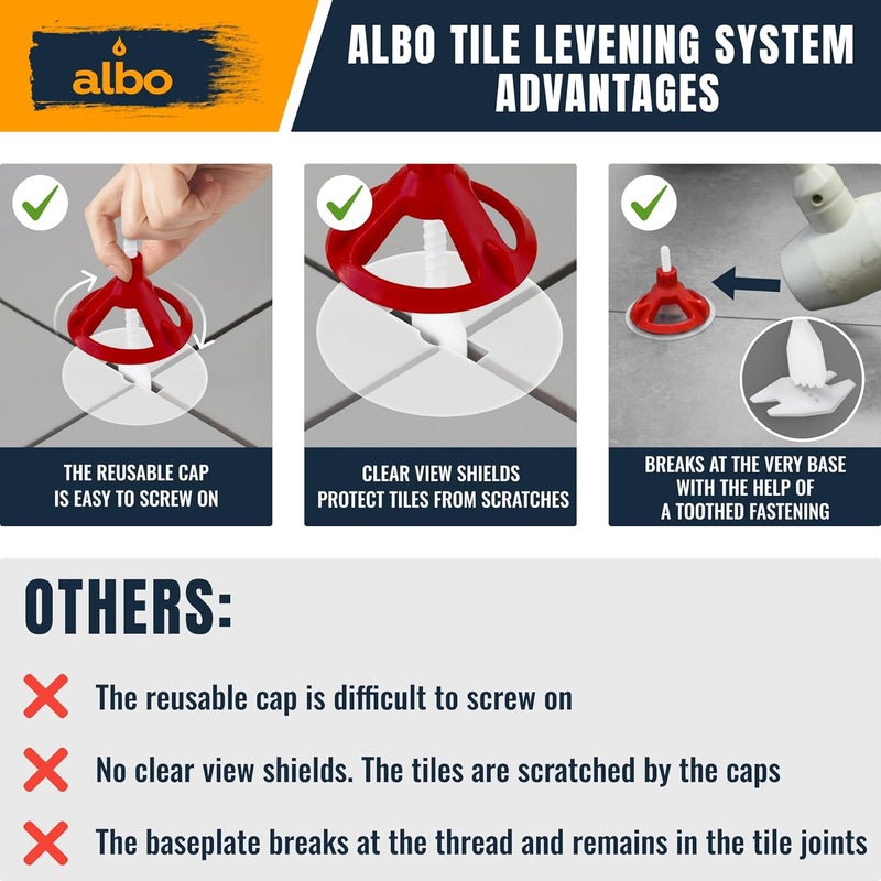 ALBO Tile Leveling System Set 1/16 inch - 200 PCS - Professional Floor & Wall Spacer Kit with Reusable Caps & Protection Plates - Anti-Lippage Installation Tools for Large and Small Tile Formats - Image 4